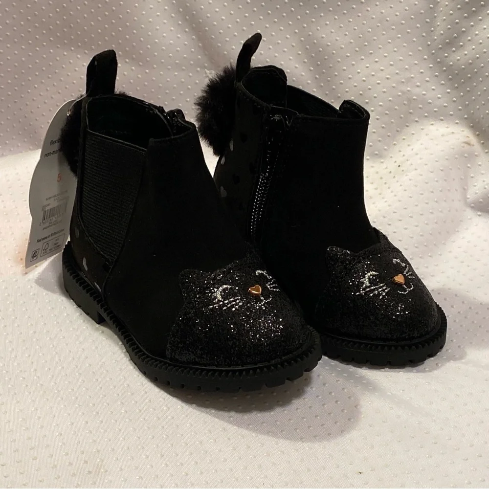 Wonder Nation Shoes Girls Size 5 Black‎ Side Zip New With Tags Cat Print